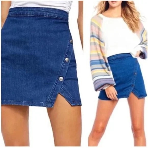 Free People We The Free Notch Denim Wrap Skirt With Snap Buttons Bohemian Boho - Picture 1 of 10